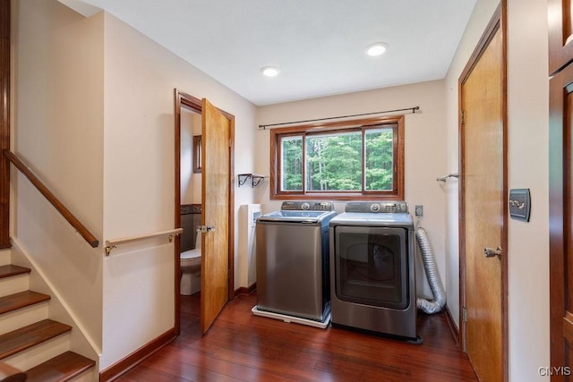4581 Nelson Rd, Fenner, NY 13035 - washroom with washer and clothes dryer, dark wood-style floors, and recessed lighting