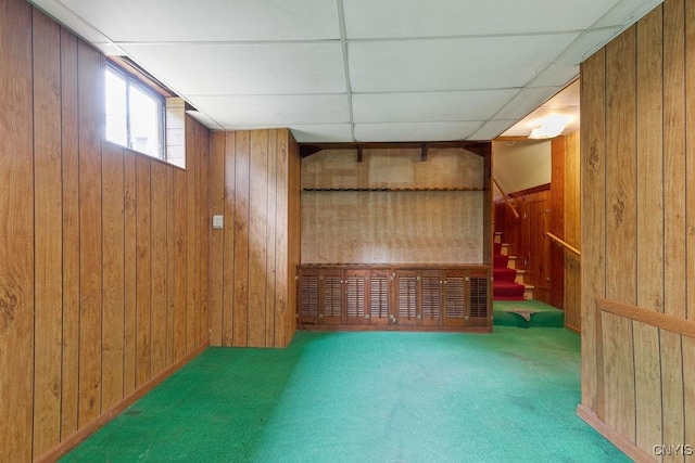 4581 Nelson Rd, Fenner, NY 13035 - basement with wooden walls, carpet floors, and stairs