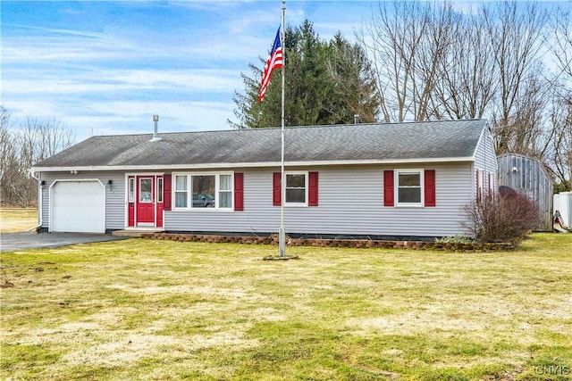 8436 New Floyd Rd, Floyd, NY 13440 - ranch-style house with an attached garage, asphalt driveway, a front yard, and a shingled roof