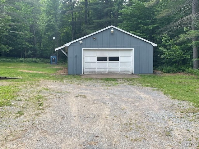 8054 Sand Pond Rd, Greig, NY 13343 - detached garage with driveway and a wooded view