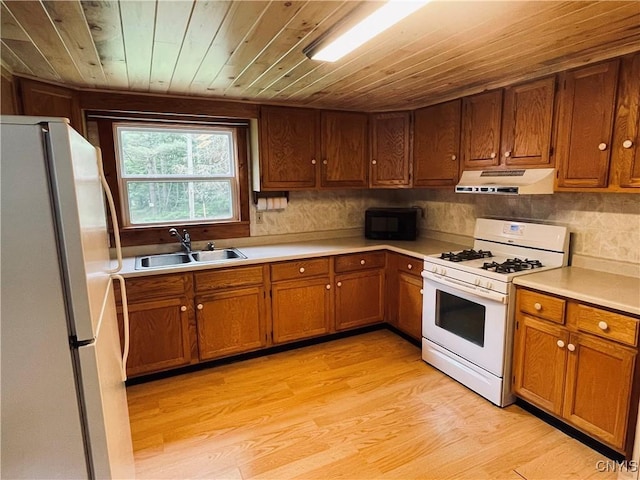 8054 Sand Pond Rd, Greig, NY 13343 - kitchen with white appliances, wood ceiling, under cabinet range hood, brown cabinets, and light wood-style floors