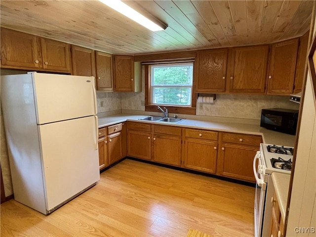 8054 Sand Pond Rd, Greig, NY 13343 - kitchen with white appliances, wooden ceiling, brown cabinets, light wood finished floors, and light countertops