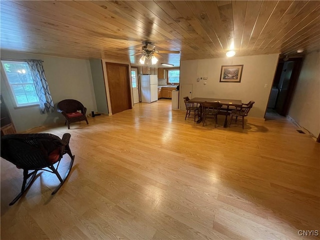 8054 Sand Pond Rd, Greig, NY 13343 - dining room featuring wooden ceiling, light wood-style flooring, plenty of natural light, and a ceiling fan