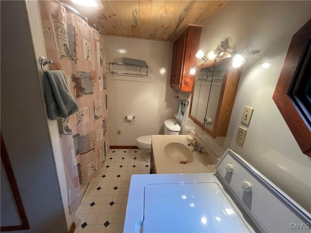 8054 Sand Pond Rd, Greig, NY 13343 - full bathroom featuring washer / dryer, wood ceiling, tile patterned floors, vanity, and curtained shower