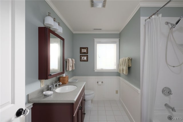 23986 Smith Rd, Alexandria, NY 13607 - bathroom with a wainscoted wall, vanity, crown molding, shower / tub combo, and tile patterned floors