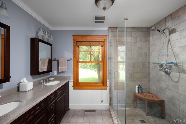 23986 Smith Rd, Alexandria, NY 13607 - full bath with a shower stall, double vanity, tile patterned floors, and crown molding