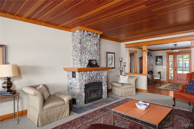 23986 Smith Rd, Alexandria, NY 13607 - living area featuring ornamental molding, wood ceiling, and a fireplace