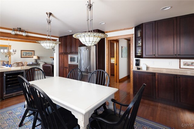 23986 Smith Rd, Alexandria, NY 13607 - dining area with beverage cooler, dark wood-style flooring, recessed lighting, and a chandelier