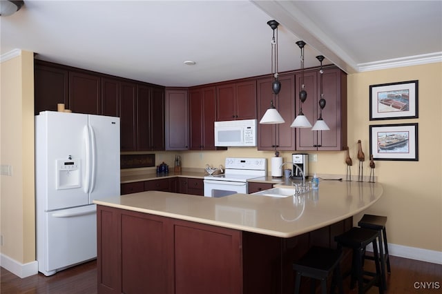 23986 Smith Rd, Alexandria, NY 13607 - kitchen with white appliances, a peninsula, light countertops, dark wood-style flooring, and a kitchen breakfast bar
