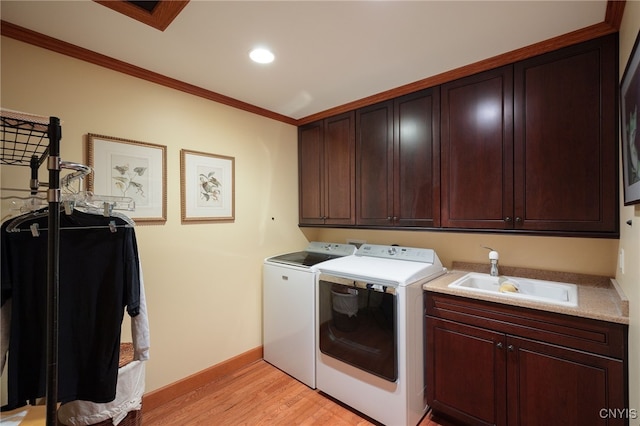 23986 Smith Rd, Alexandria, NY 13607 - laundry room with separate washer and dryer, light wood-style floors, cabinet space, crown molding, and recessed lighting