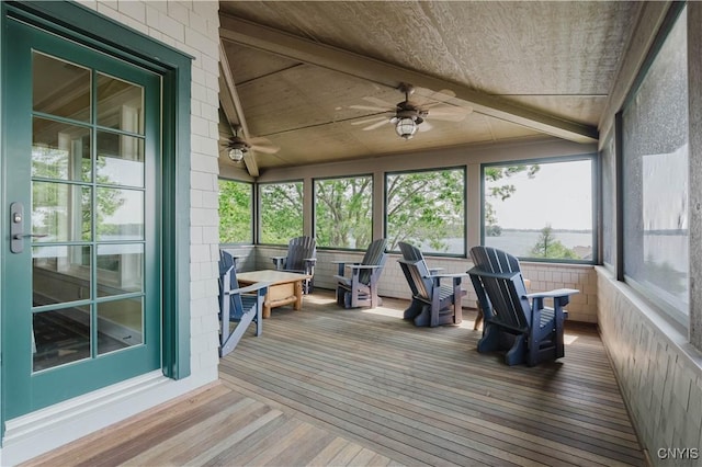 23986 Smith Rd, Alexandria, NY 13607 - sunroom with hardwood / wood-style flooring, a ceiling fan, and a wooden deck