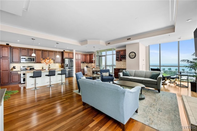 132 Lakefront Blvd Unit 804, Buffalo, NY 14202 - living area with a raised ceiling, wood finished floors, expansive windows, recessed lighting, and ornamental molding