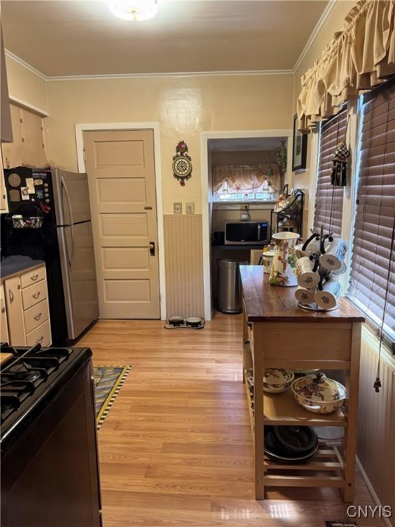 373 S Collingwood Ave, Syracuse, NY 13206 - kitchen featuring appliances with stainless steel finishes, crown molding, light wood-style flooring, and dark countertops