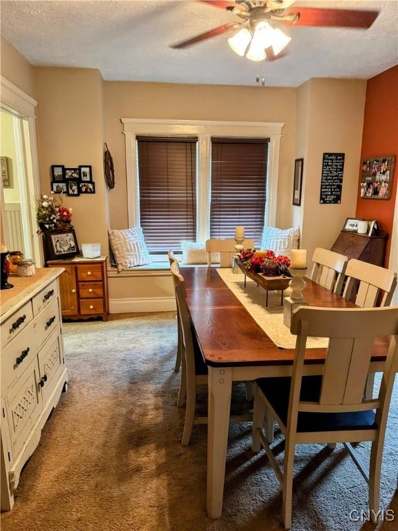 373 S Collingwood Ave, Syracuse, NY 13206 - dining space with light carpet, a ceiling fan, and a textured ceiling