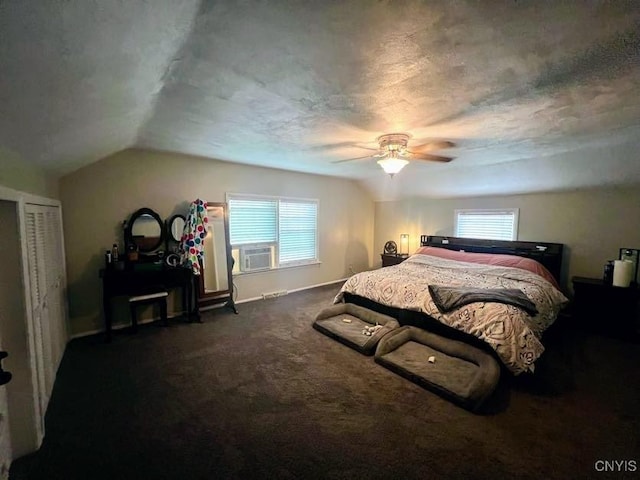 60 Cambridge Rd, Whitestown, NY 13492 - bedroom with dark carpet, ceiling fan, lofted ceiling, a textured ceiling, and cooling unit