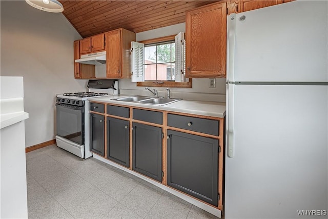 4724 Wilson Burt Rd, Wilson, NY 14172 - kitchen featuring white appliances, wood ceiling, under cabinet range hood, vaulted ceiling, and light countertops