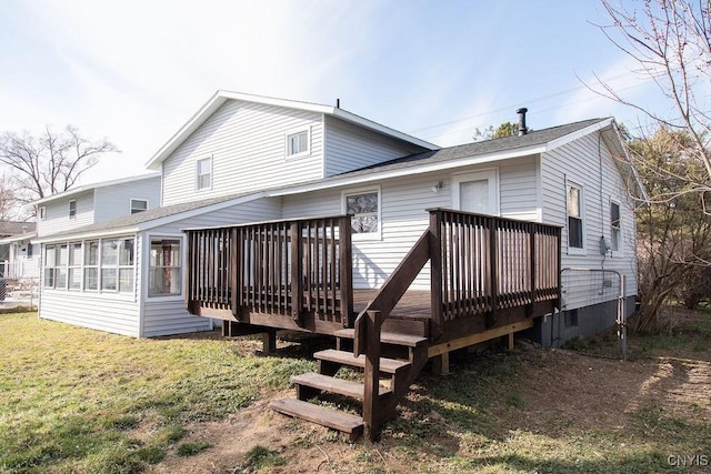 4114 Wetzel Rd, Clay, NY 13090 - rear view of property with a wooden deck, a lawn, a sunroom, and a shingled roof