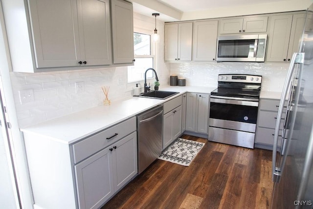 4114 Wetzel Rd, Clay, NY 13090 - kitchen with stainless steel appliances, gray cabinets, dark wood-type flooring, and backsplash