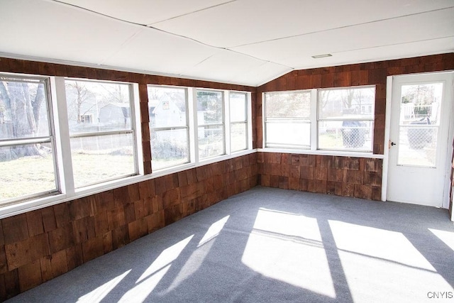 4114 Wetzel Rd, Clay, NY 13090 - unfurnished sunroom with wood walls, carpet floors, and vaulted ceiling