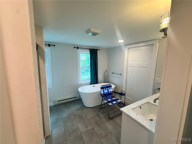 876 Hittown Rd, Caton, NY 14871 - bathroom featuring baseboard heating, a freestanding bath, and vanity