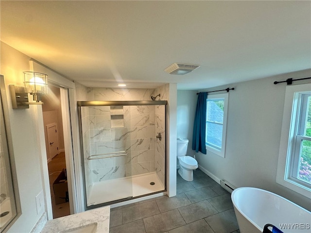 876 Hittown Rd, Caton, NY 14871 - full bathroom with a freestanding tub, a stall shower, a baseboard heating unit, and tile patterned floors