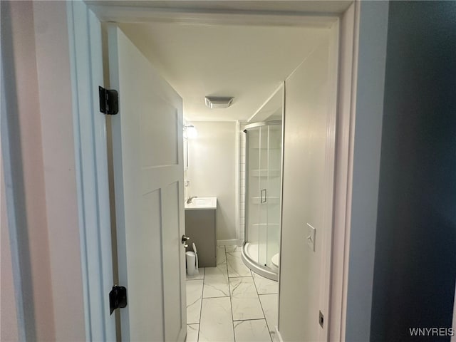876 Hittown Rd, Caton, NY 14871 - full bathroom with marble finish flooring, vanity, and a shower stall