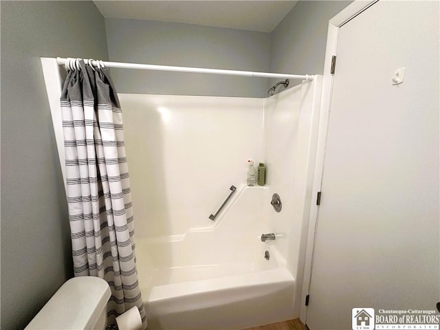 23 Seneca Dr, Chautauqua, NY 14728 - bathroom featuring shower / bathtub combination with curtain and toilet