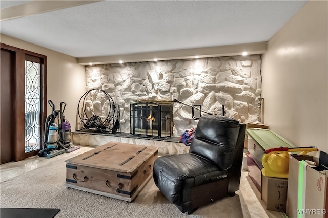330 Hunters Ln, Amherst, NY 14221 - living room featuring a stone fireplace and a textured ceiling