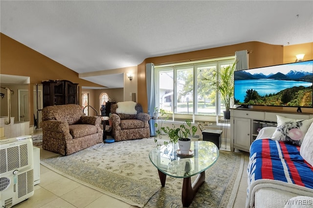 330 Hunters Ln, Amherst, NY 14221 - living area featuring healthy amount of natural light, tile patterned flooring, lofted ceiling, and a textured ceiling