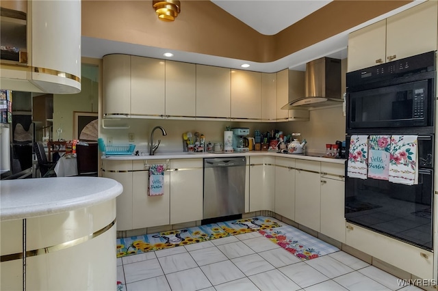 330 Hunters Ln, Amherst, NY 14221 - kitchen with black appliances, wall chimney exhaust hood, light countertops, cream cabinets, and high vaulted ceiling