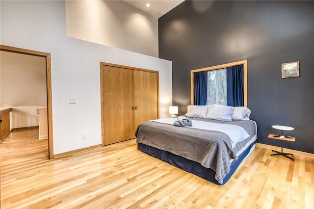 735 Howell Rd, Conquest, NY 13140 - bedroom featuring high vaulted ceiling, wood finished floors, and a closet