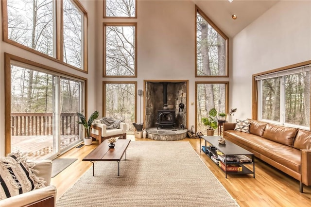 735 Howell Rd, Conquest, NY 13140 - living area with a high ceiling, a wood stove, healthy amount of natural light, and wood finished floors