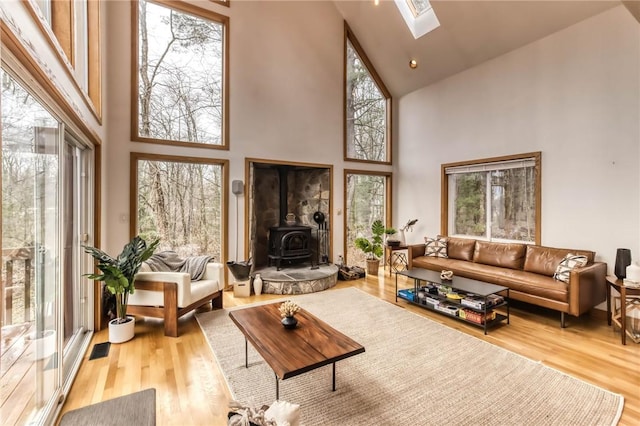 735 Howell Rd, Conquest, NY 13140 - living area with a wood stove, high vaulted ceiling, wood finished floors, and a skylight
