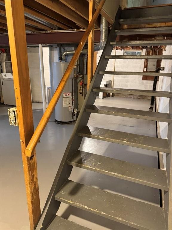 94 Brookhaven, Rochester, NY 14621 - stairway with gas water heater and finished concrete floors
