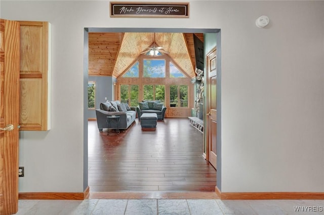 2328 Gowanda Zoar Rd, Collins, NY 14070 - living area with ceiling fan, vaulted ceiling, and wood ceiling