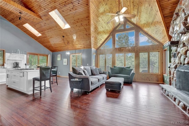 2328 Gowanda Zoar Rd, Collins, NY 14070 - living area with high vaulted ceiling, a wood ceiling with exposed beams, a ceiling fan, a skylight, and dark wood-type flooring