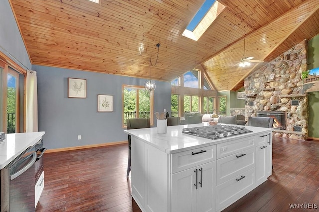 2328 Gowanda Zoar Rd, Collins, NY 14070 - kitchen featuring appliances with stainless steel finishes, a skylight, dark wood-style flooring, white cabinets, and a fireplace