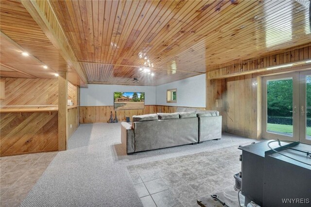 2328 Gowanda Zoar Rd, Collins, NY 14070 - tiled living room featuring wooden walls, plenty of natural light, and wooden ceiling