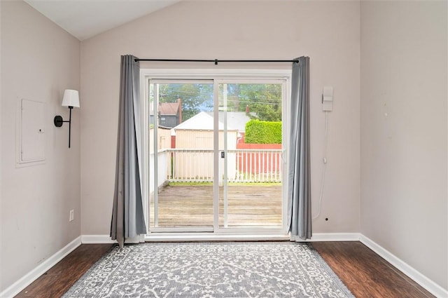 39 Castleford Rd, Greece, NY 14616 - doorway with wood finished floors, vaulted ceiling, and electric panel