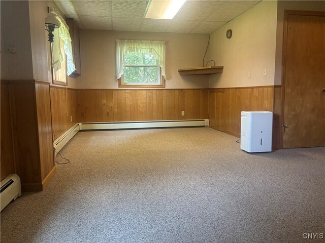 36 Lee Rd, Dryden, NY 13053 - spare room with a wainscoted wall, wood walls, baseboard heating, and carpet