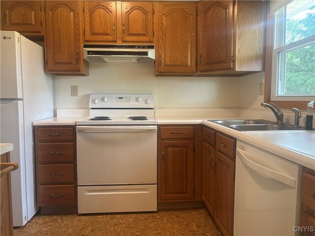 36 Lee Rd, Dryden, NY 13053 - kitchen featuring white appliances, under cabinet range hood, light countertops, and brown cabinets