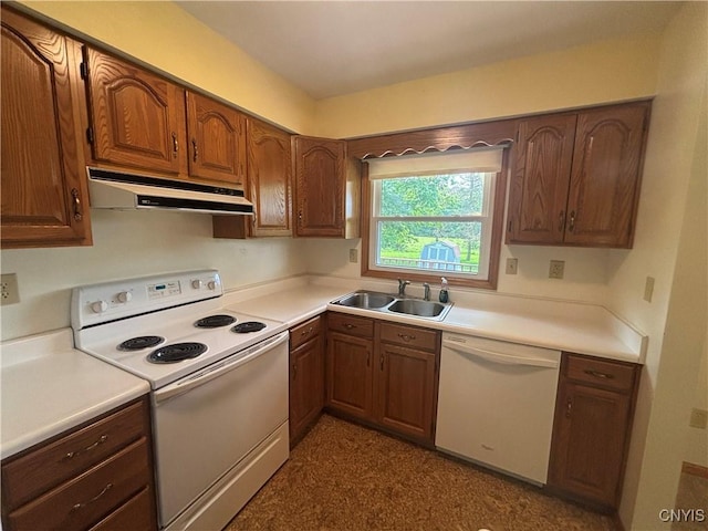 36 Lee Rd, Dryden, NY 13053 - kitchen with white appliances, under cabinet range hood, and light countertops