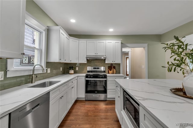 64 Sagamore Ter, Buffalo, NY 14214 - kitchen with stainless steel appliances, white cabinets, decorative backsplash, dark wood finished floors, and light stone counters