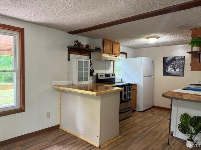 1086 Sweatman Ave, Oneida-Inside, NY 13421 - kitchen featuring stainless steel range with electric stovetop, under cabinet range hood, a textured ceiling, wood finished floors, and freestanding refrigerator