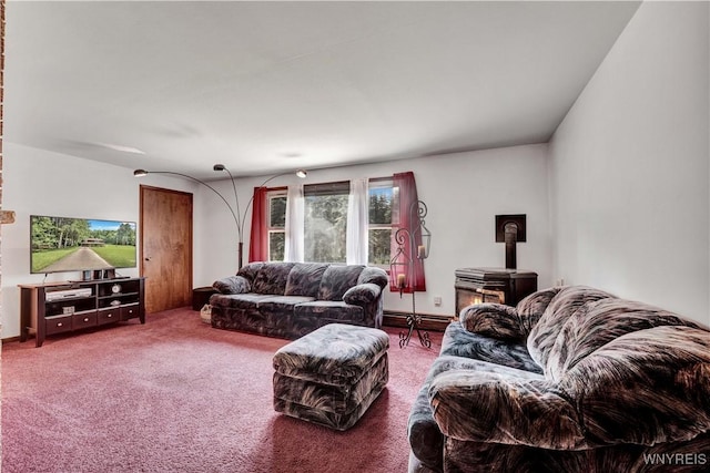 3738 Forks Rd, Yorkshire, NY 14134 - carpeted living room with a baseboard heating unit and a wood stove