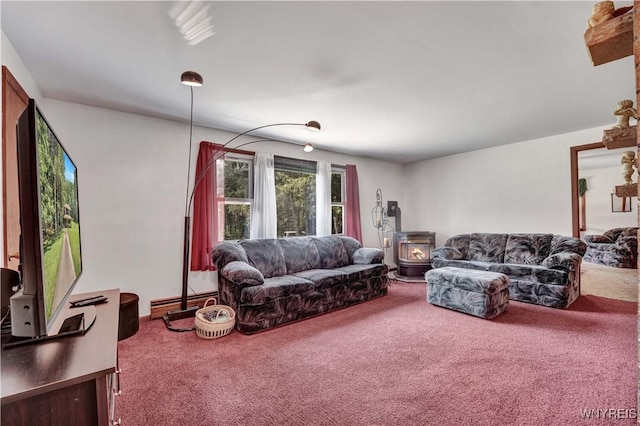 3738 Forks Rd, Yorkshire, NY 14134 - carpeted living room featuring a wood stove