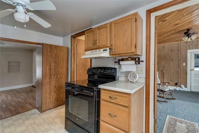 14328 Pearl St, Diana, NY 13648 - kitchen with black electric range oven, under cabinet range hood, a ceiling fan, light countertops, and light flooring