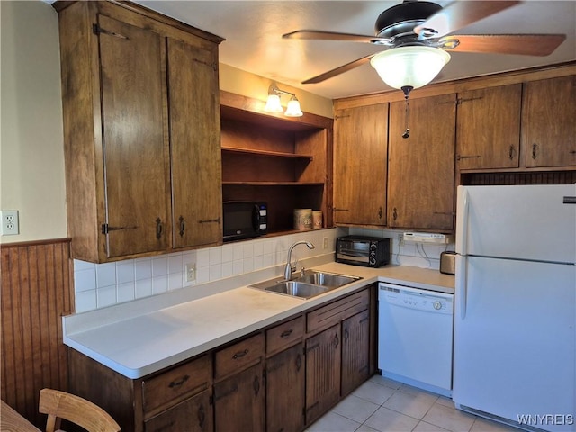 359 Utica St, Tonawanda-City, NY 14150 - kitchen with white appliances, open shelves, a ceiling fan, light countertops, and decorative backsplash