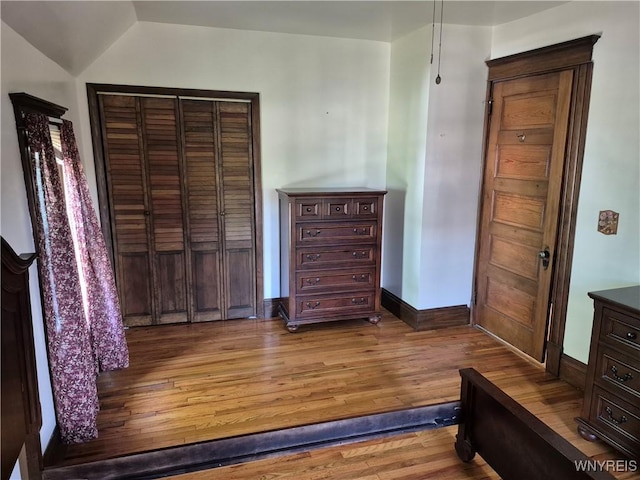 359 Utica St, Tonawanda-City, NY 14150 - bedroom featuring wood finished floors, vaulted ceiling, and a closet