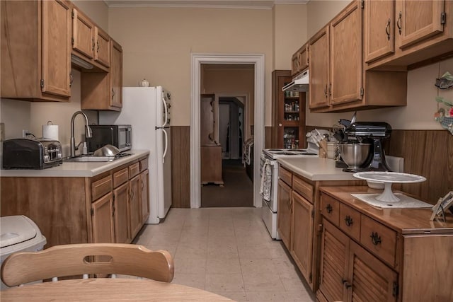 21 Washington St, Greene, NY 13778 - kitchen featuring electric range, ornamental molding, under cabinet range hood, light countertops, and freestanding refrigerator